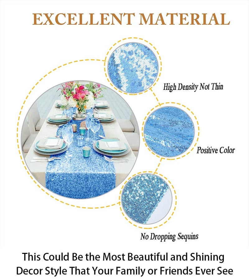 ShiDianYi Baby Blue Sequin Table Runner - 12''x72'' Decorative Dining Table Runner for Baby Shower - Image 5